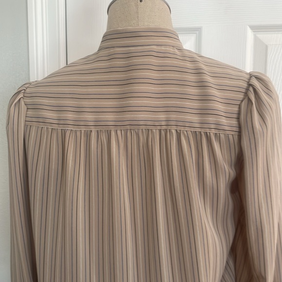 Vintage 80s Josephine button up blouse puffy 3/4 sleeves tie neck bow tan size 6 - Picture 8 of 16
